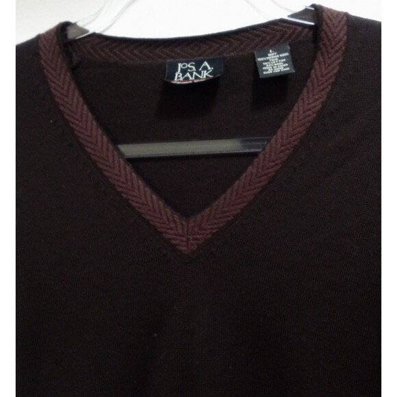Jos. A. Bank Men’s Sweater L Brown Merino Wool V-Neck Herringbone Trim - Picture 3 of 5